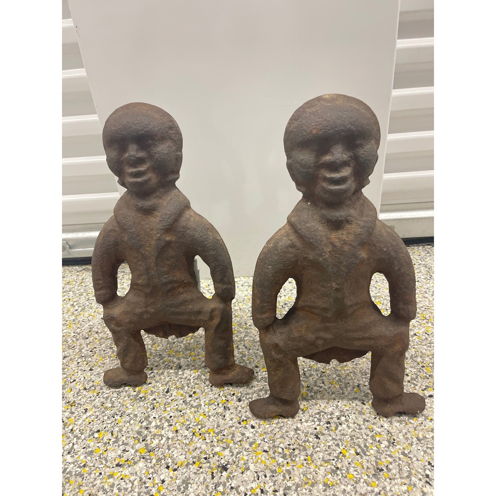 Rare Pre Civil War African American Cast Iron Andirons PAIR with stands